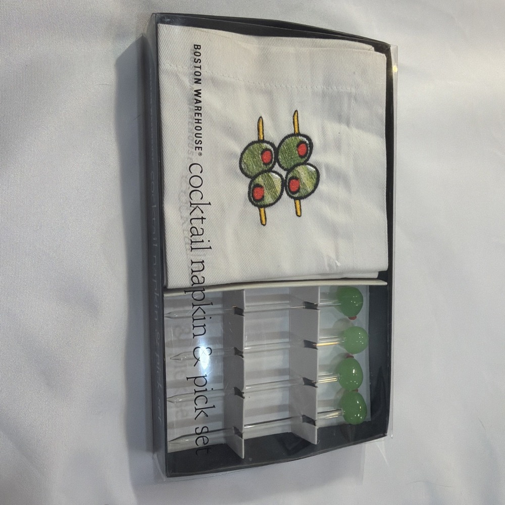 Boston Warehouse Cocktail Napkin and Glass Pick Set New in Box Green Olive 🫒 24